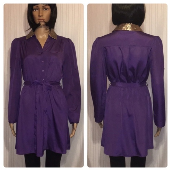 Women's Tie Front Button Down Dress Purple Gold - Picture 1 of 12